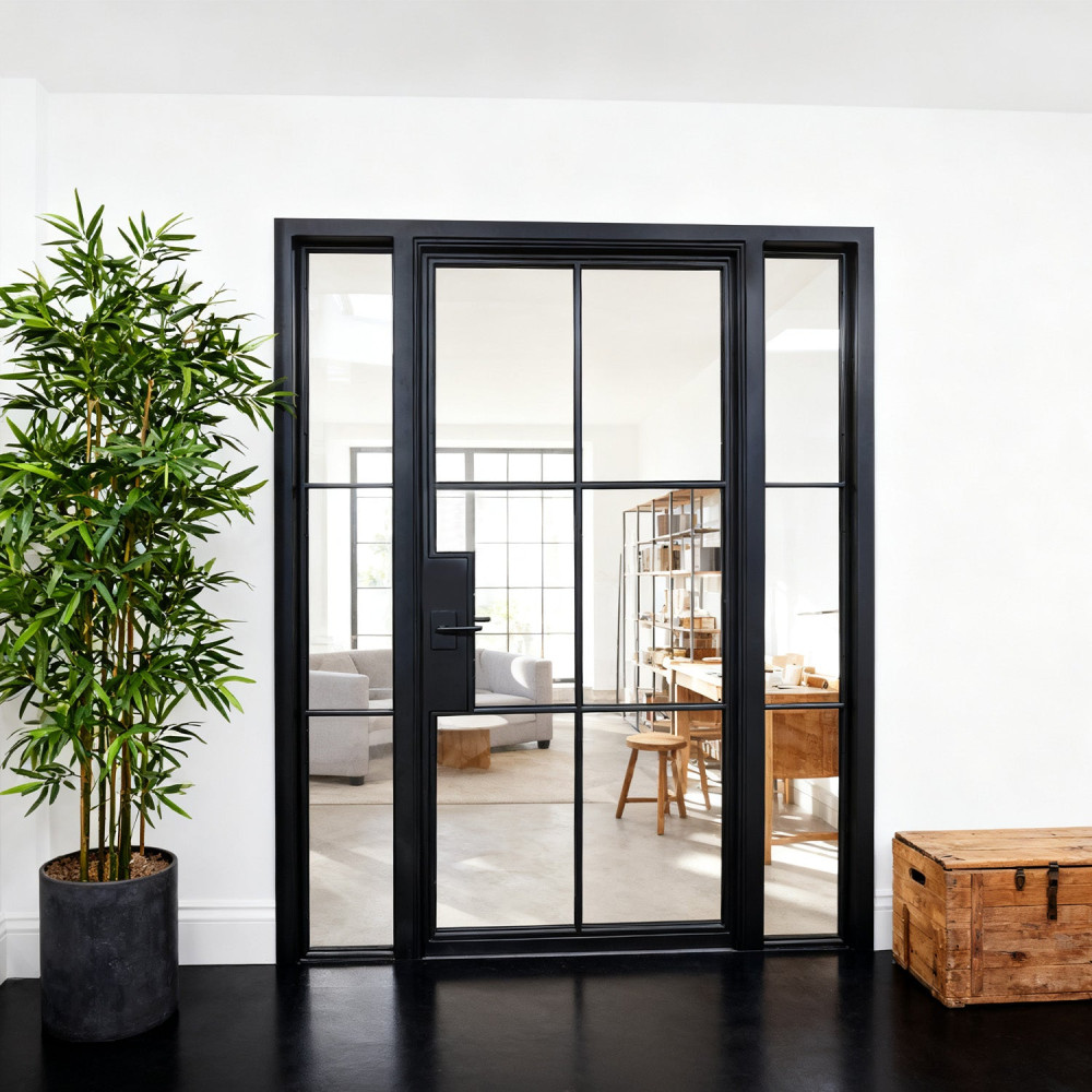 GID Wrought Interior Iron Door with Double Sidelights and Clear Glass